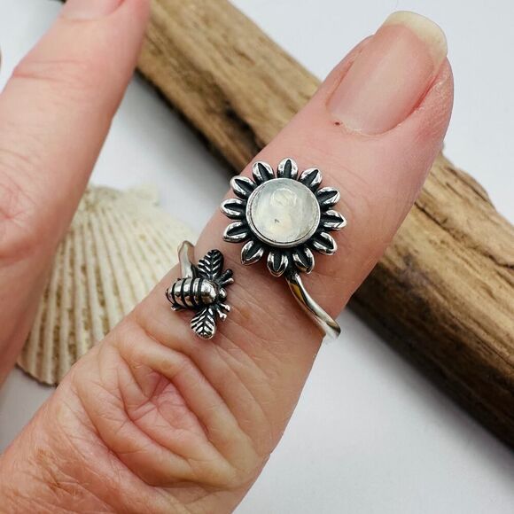 Moonstone Sterling Silver Bee & Sunflower Ring - Picture 6 of 6